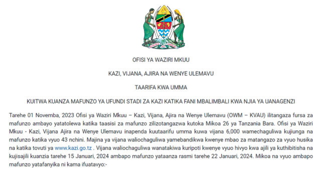 Majina ya walioitwa mafunzo ya Ufundi Stadi Uanagenzi Call for Vocational training 2024