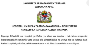 Ajira Mpya Arusha Reginal Referral Hospital – Mount Meru Contract Jobs Announcement