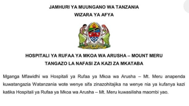 Ajira Mpya Arusha Reginal Referral Hospital - Mount Meru Contract Jobs Announcement