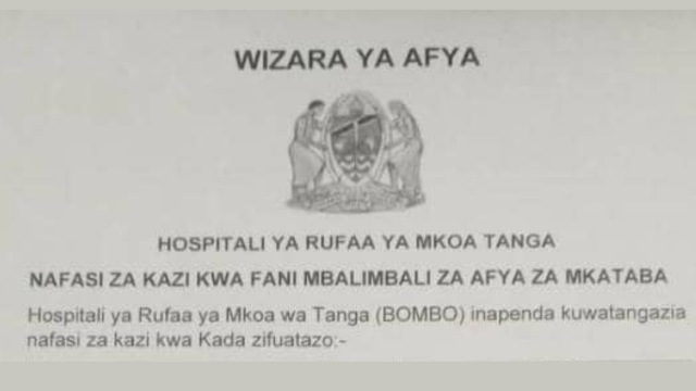 Ajira Mpya Tanga Regional Referral Hospital (Bombo Hospital) Contract Jobs Announcement